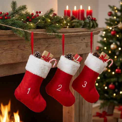 Chaîne de 24 Bottes en Feutrine Rouge et Blanche pour Calendrier de l’Avent à Garnir | Floristik24.fr