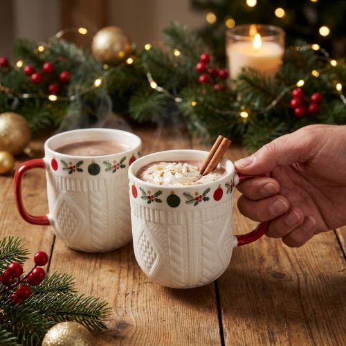 Article Tasse de Noël en céramique avec motif tricoté et décor festif 9cm - rouge-blanc 2pcs