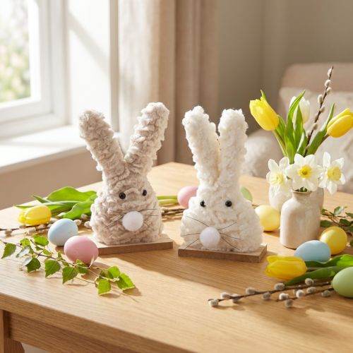 Duo de lapins en peluche sur socle en bois – Décoration printanière beige et blanche H18 cm | Floristik24.fr