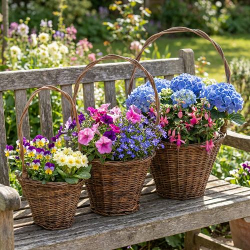 Panier à fleurs en osier avec poignée, finition naturelle, 29/23/21cm, lot de 3. | Floristik24.fr