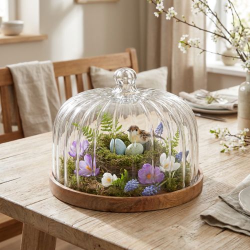Plateau en bois avec cloche en verre Ø29 cm H22 cm pour décoration intérieure | Floristik24.fr