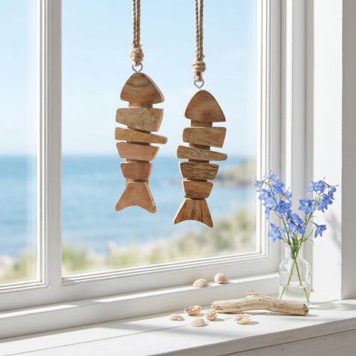Décoration suspendue poissons en bois naturel avec corde en jute 16 cm - Lot de 2 | Floristik24.fr
