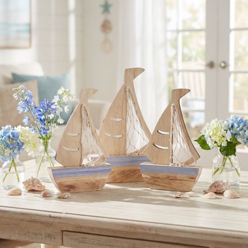 Décoration Bateau en Bois Naturel et Bleu Clair 25,5 × 16,5 cm – Lot de 3 | Floristik24.fr