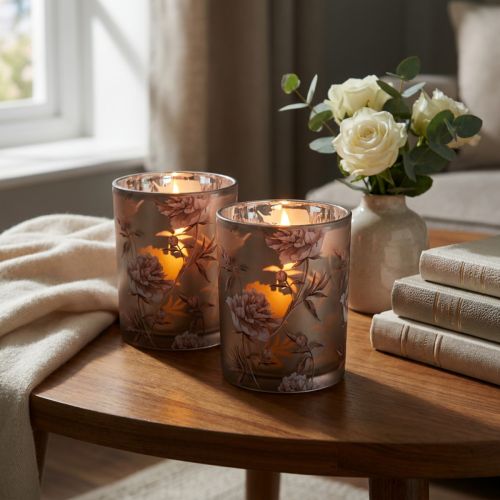 Lot de 2 photophores en verre brun et argent avec pivoines 12,5 cm | Floristik24.fr