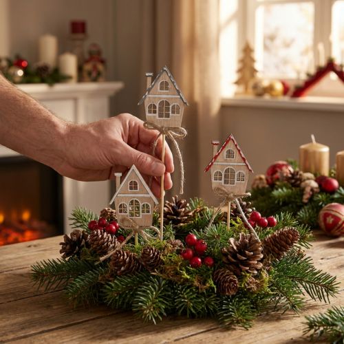 Décoration maisons en bois sur piques – Lot de 12, 4,5x5 cm | Floristik24.fr