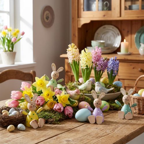 Set de 4 lapins de Pâques en bois colorés à pois 8 cm | Floristik24.fr