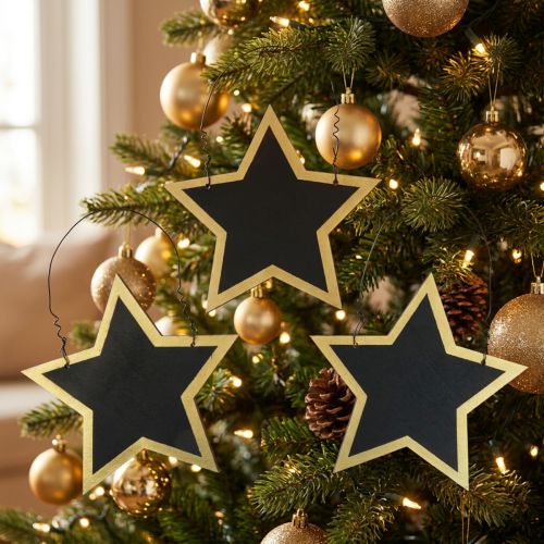 Étoiles en bois noir et or suspendues Ø15 cm – Lot de 8 | Floristik24.fr
