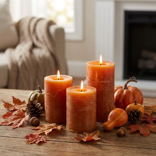 Bougies piliers orange foncé, couleur unie, Sunset Rustic, 60 x 80 mm, lot de 4, pour les décorations d'automne et de l'Avent. | Floristik24.fr