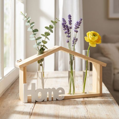 Décoration murale en bois avec vase en verre et inscription 