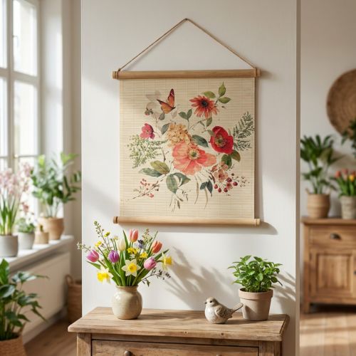 Décoration murale fleurie en bois avec corde en jute – H44 x B42cm | Floristik24.fr