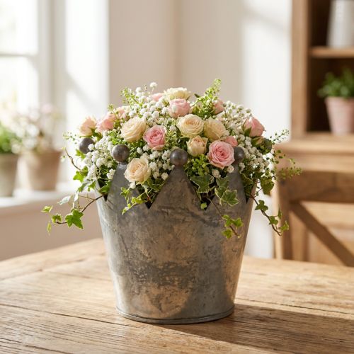 Décoration en forme de couronne antique en métal gris, Ø12,5 cm, H12 cm | Floristik24.fr