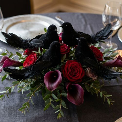 Article Figurines de colombes noires avec fil métallique, décoration de mariage, H 7 cm, lot de 4
