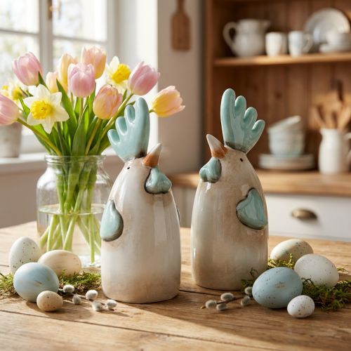 Figurines décoratives en céramique – Poules blanches et bleues H14,5cm (Lot de 2) | Floristik24.fr