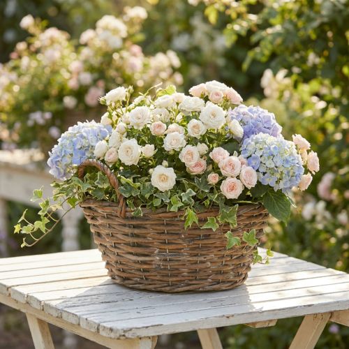 Panière en osier beige et blanche avec doublure plastique et poignées H14cm Ø30cm | Floristik24.fr