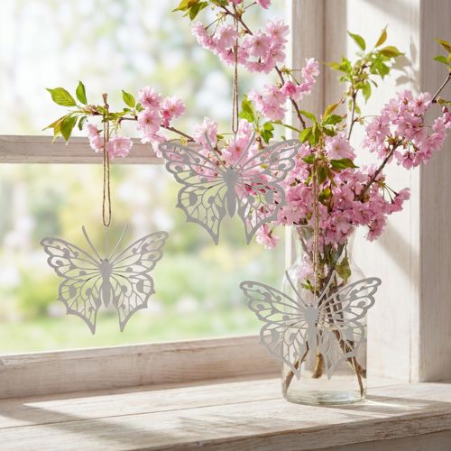 Lot de 3 papillons décoratifs suspendus en métal blanc, style vintage, 15×12 cm | Floristik24.fr