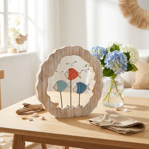 Décoration marine en bois Ø28cm avec poissons et mouettes | Floristik24.fr