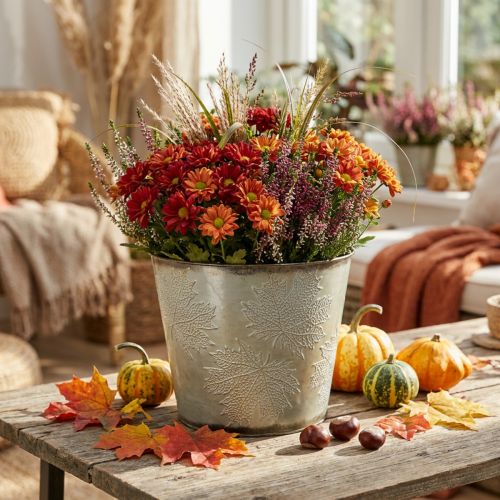 Pot décoratif métal feuilles d'automne dorées Ø25,5cm H22cm | Floristik24.fr