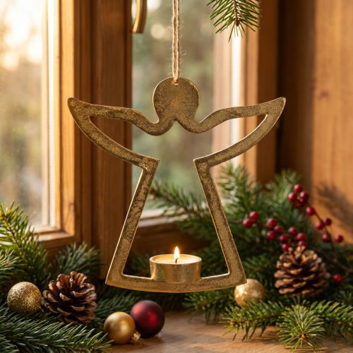 Angelot décoratif à suspendre en métal doré avec porte-bougie chauffe-plat 20 cm | Floristik24.fr