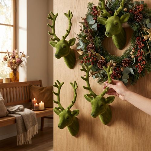 Tête de cerf décorative floquée vert mousse 10 x 20 cm - Lot de 3 | Floristik24.fr