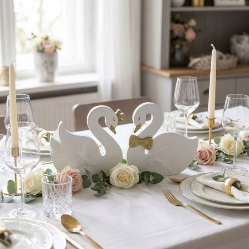 Duo de cygnes décoratifs en bois blanc et or pour mariage 12x13cm | Floristik24.fr