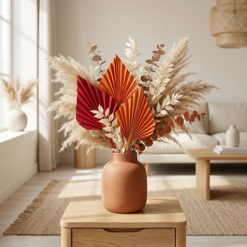 Mini palmes décoratives rouges et oranges en feuilles naturelles - Lot de 100 | Floristik24.fr