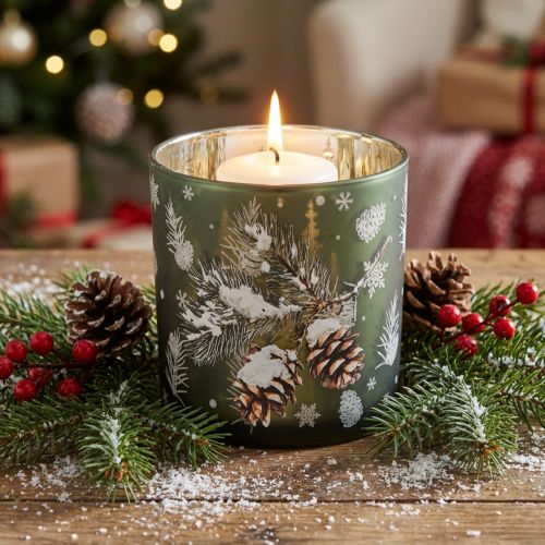 Article Photophore en verre motif pommes de pin et flocons de neige 15 cm