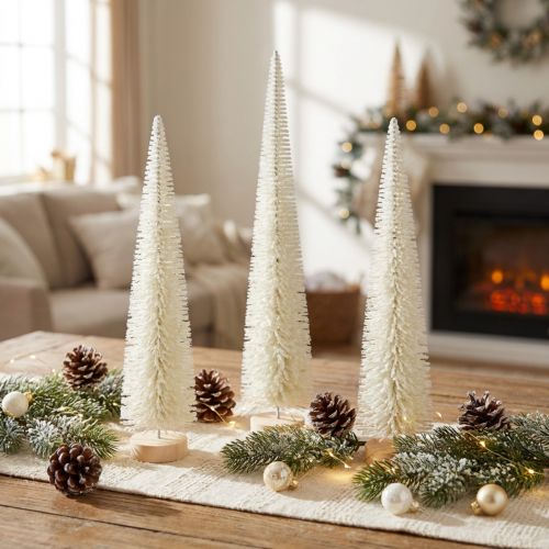 Article Sapin décoratif blanc 40 cm avec socle en bois, lot de 3