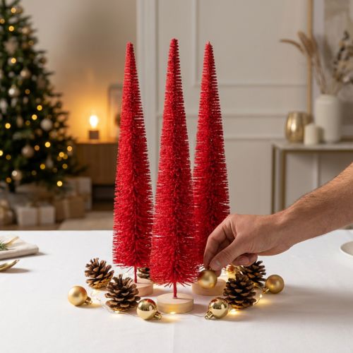 Article Lot de 3 sapins rouges décoratifs en bois – 40 cm