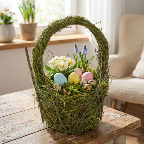 Article Panier décoratif en herbe naturelle avec anse, 25 cm de hauteur, vert