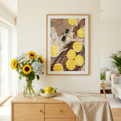 Cadre décoratif estival avec citrons et accessoires d’été - 40x60cm | Floristik24.fr