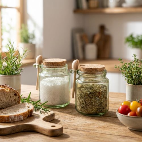 Lot de 2 bocaux décoratifs en verre vert avec couvercle en liège et cuillère en bois Ø7 cm H10 cm | Floristik24.fr