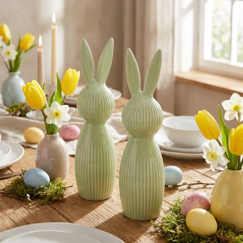 Figurines lapin de Pâques en céramique vert pastel – Set de 2, 22 cm | Floristik24.fr