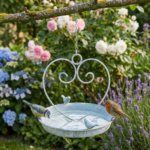 Article Coupe suspendue en métal blanche et bleue avec décor cœur et oiseaux Ø21,5 cm