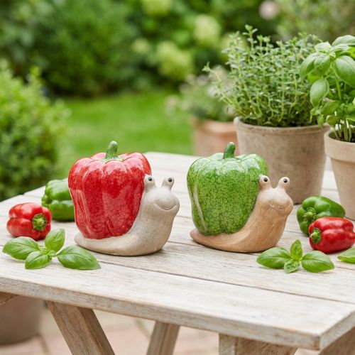 Article Figurines décoratives escargots en céramique avec maison poivron, rouge et vert, H10 cm, lot de 2
