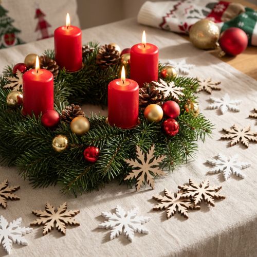 Article Flocons décoratifs en bois blanc et naturel - Lot de 48 pièces, Ø3 cm