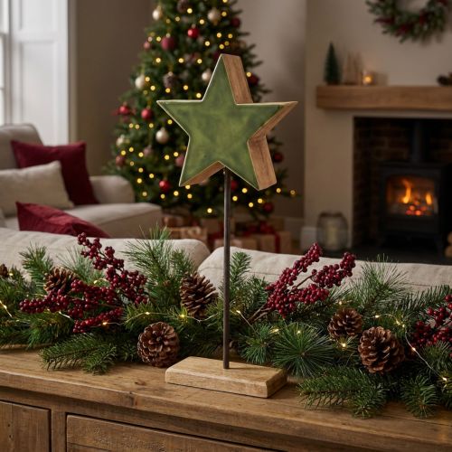 Étoile décorative en bois sur pied, finition vert foncé, 20x9,5x50cm | Floristik24.fr