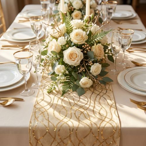 Article Tenture de table en velours beige avec motifs chaînes dorées 28×270 cm
