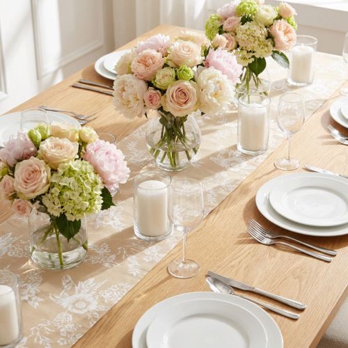 Chemin de table fleuri, en coton beige, 15 cm x 3 m | Floristik24.fr