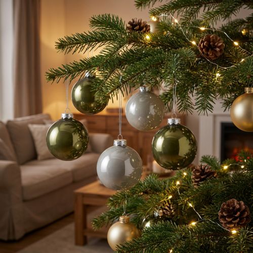 Boules de Noël en Verre Olive et Gris Argenté Ø7,5 cm - Lot de 12 | Floristik24.fr