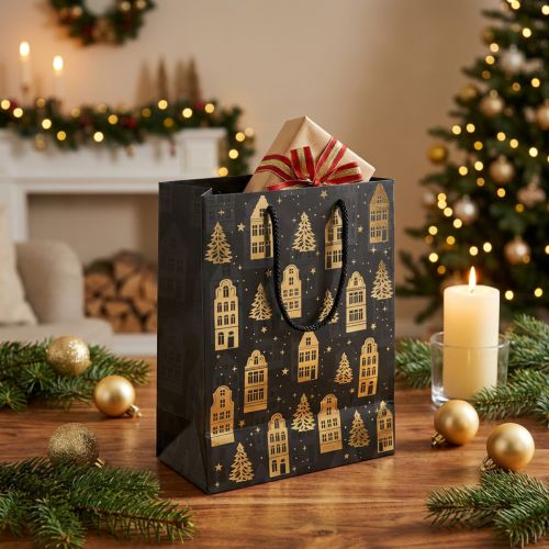 Article Sachet cadeau de Noël noir et or avec motifs arbres et maisons 18x10x23cm - Lot de 2