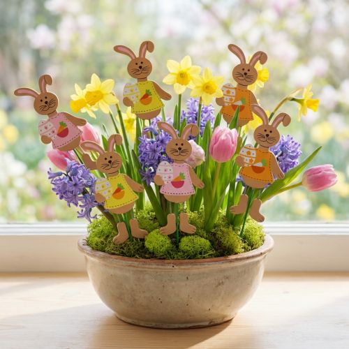 Piques décoratives lapins de Pâques en bois avec œufs 29 cm - Lot de 15 | Floristik24.fr