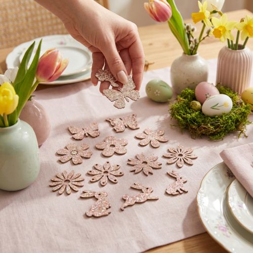 Décorations en bois rose pour Pâques et printemps - Motifs fleurs, papillons et lapins - 64 pièces | Floristik24.fr