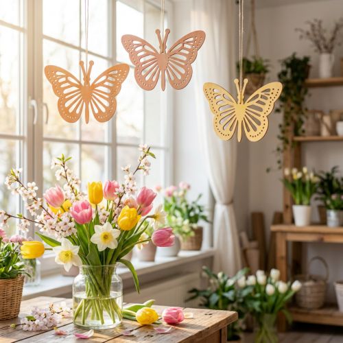 Décorations suspendues papillons en bois orange, rose et jaune 12 cm - Lot de 12 | Floristik24.fr