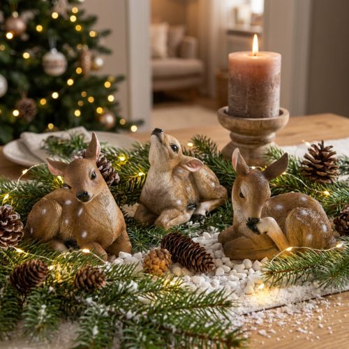 Décoration de cerf faon couché décoration de table 13 × 6,5 × 12 cm 3 pièces | Floristik24.fr