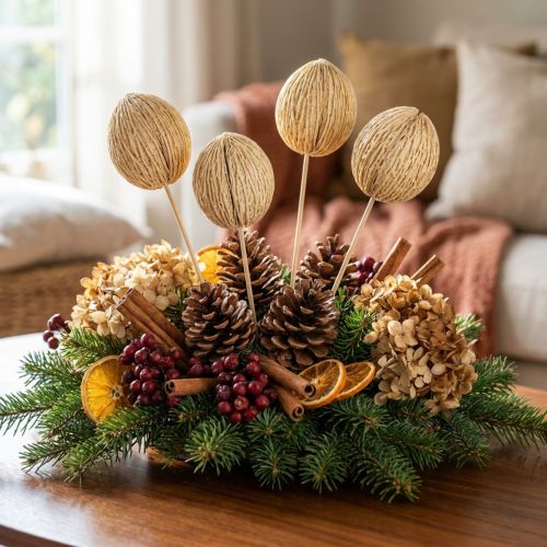 Article Boules décoratives en bois blanchi sur tige 8-10 cm, lot de 6