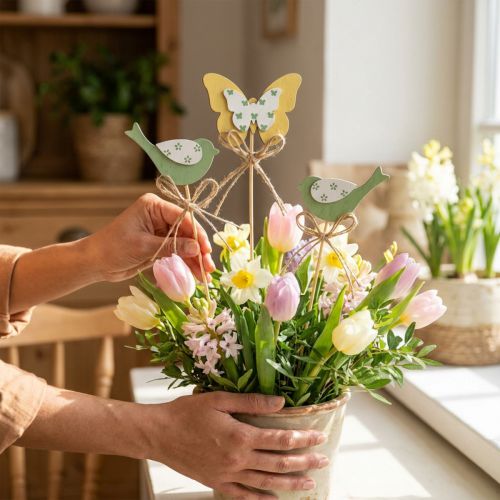 Lot de 12 piques décoratives en bois oiseau et papillon – Vert et jaune – 24/25 cm | Floristik24.fr