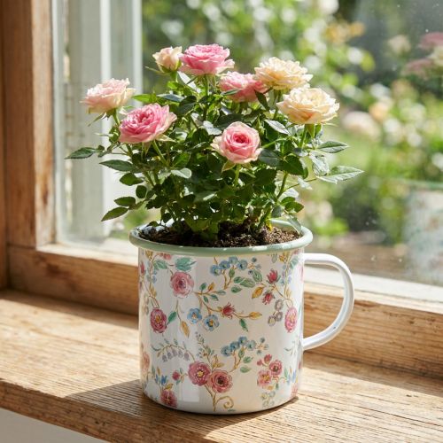 Petite tasse jardinière en métal émaillé avec motif floral | Floristik24.fr