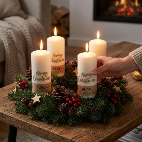 Bougies piliers de Noël 4 pièces PURE cire naturelle blanc et or 60x130 mm | Floristik24.fr