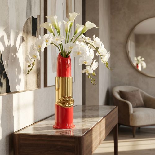 Article Vase décoratif en forme de rouge à lèvres pour fleurs artificielles à longues tiges, 38 cm