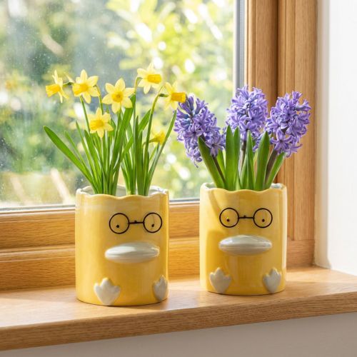 Article Ensemble de 2 vases décoratifs en céramique jaune à motif de canard – 13 cm